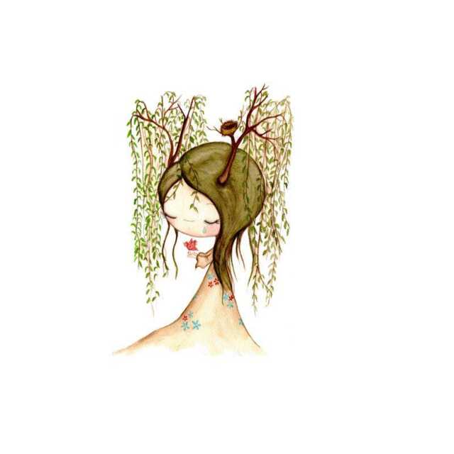 Weeping Willow Print Tree Art Bird Prints Cute Pop Surrealism Animal 8 X 10 Wall Decor - image 1