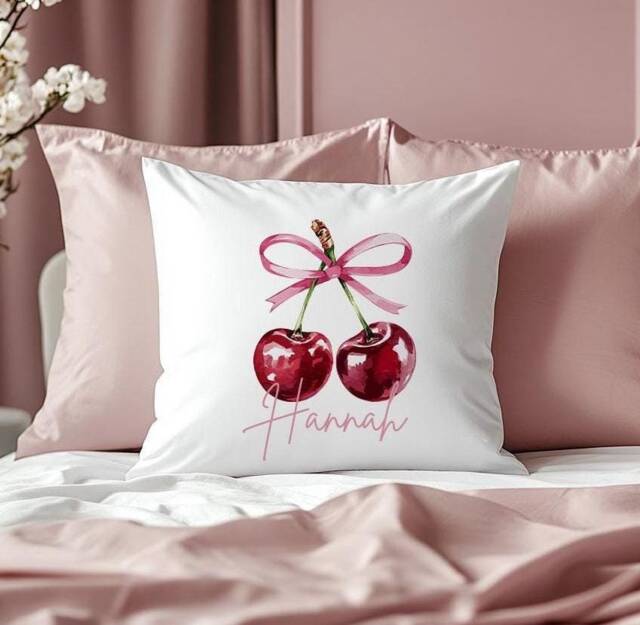 Cherries Cushion, Personalised Cherry Cushion, Cherry Aesthetic, Preppy Bedroom Decor, Girls Girly Room Decor - image 1
