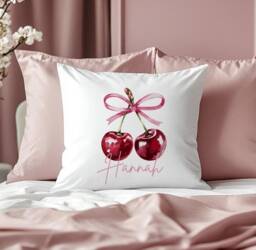 Cherries Cushion, Personalised Cherry Cushion, Cherry Aesthetic, Preppy Bedroom Decor, Girls Girly Room Decor - thumbnail 1