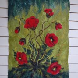 Poppies, Handfelted Wall Decor, Wall Hanging, Art, Home Decor Gift, Red Green White, Summer Flowers. Made To Order - thumbnail 2