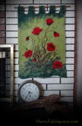 Poppies, Handfelted Wall Decor, Wall Hanging, Art, Home Decor Gift, Red Green White, Summer Flowers. Made To Order