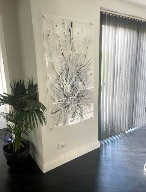 Abstract Splash Acrylic Wall Art, Silver Black & White, Hand-Painted - image 1