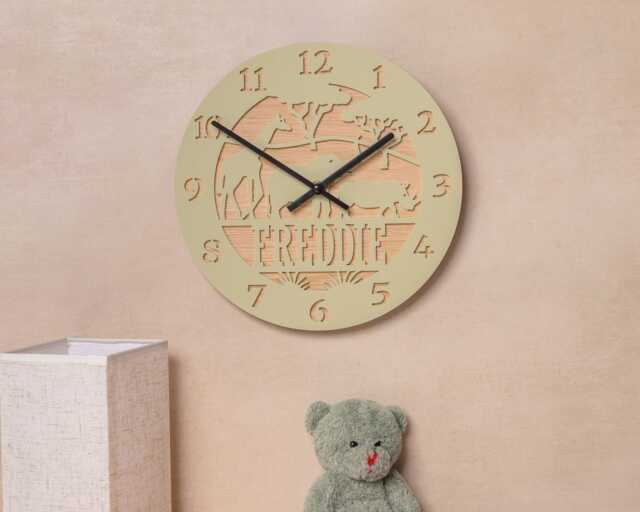 Personalised Safari Wall Clock, Kids Room Jungle Custom Nursery Decor, Wooden & Acrylic Child's Bedroom Children's - image 1