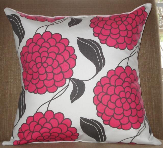 New 18x18 Inch Designer Handmade Pillow Case With Pink & Charcoal Grey Flowers On White - image 1