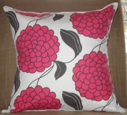New 18x18 Inch Designer Handmade Pillow Case With Pink & Charcoal Grey Flowers On White - thumbnail 1