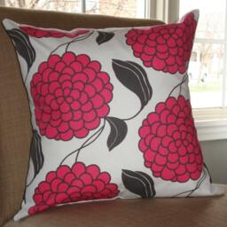 New 18x18 Inch Designer Handmade Pillow Case With Pink & Charcoal Grey Flowers On White - thumbnail 2