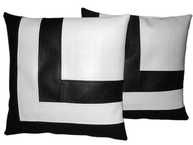 2 Black & White Faux Leather Cushion Covers Block Style 18 - image 1
