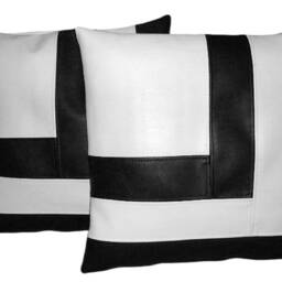 2 Black & White Faux Leather Cushion Covers Block Style 18 - thumbnail 3
