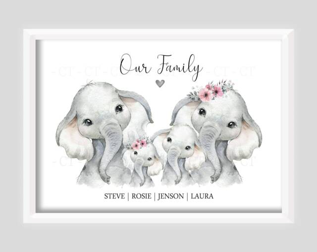 Personalised Elephant Family Gift Print Up To 7 Members Unframed - image 1