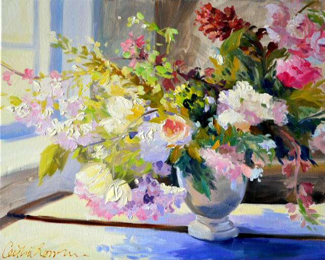 Floral Art Print Pink Flowers Still Life Oil Painting - image 1