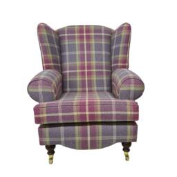 Queen Anne Wingback Chair Amethyst Tartan, Brass Castor Legs - thumbnail 2