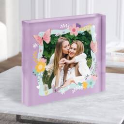 Purple Flower Butterfly Photo Frame Square Personalised Acrylic Block - Gift, Keepsake Custom Gift - thumbnail 1