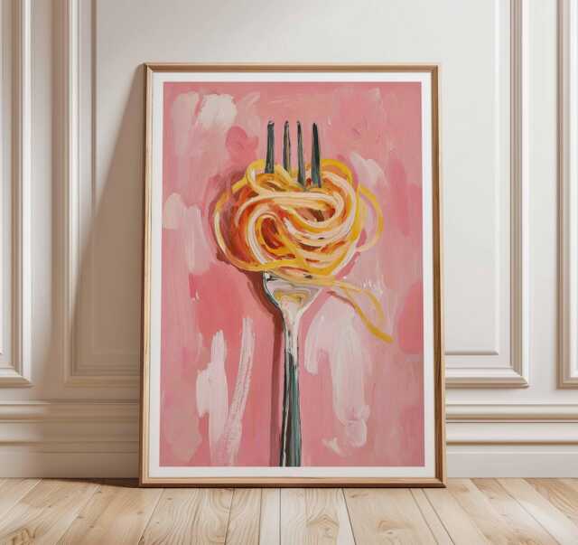 Pasta Wall Art Print, Modern Pink Kitchen Decor With Spaghetti Fork Painting, Abstract Food Artwork For Dining Room Or Italian Restaurant - image 1