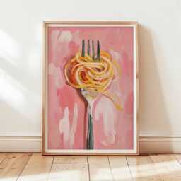 Pasta Wall Art Print, Modern Pink Kitchen Decor With Spaghetti Fork Painting, Abstract Food Artwork For Dining Room Or Italian Restaurant - thumbnail 3