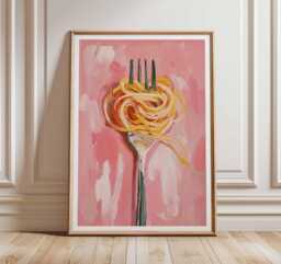 Pasta Wall Art Print, Modern Pink Kitchen Decor With Spaghetti Fork Painting, Abstract Food Artwork For Dining Room Or Italian Restaurant - thumbnail 1