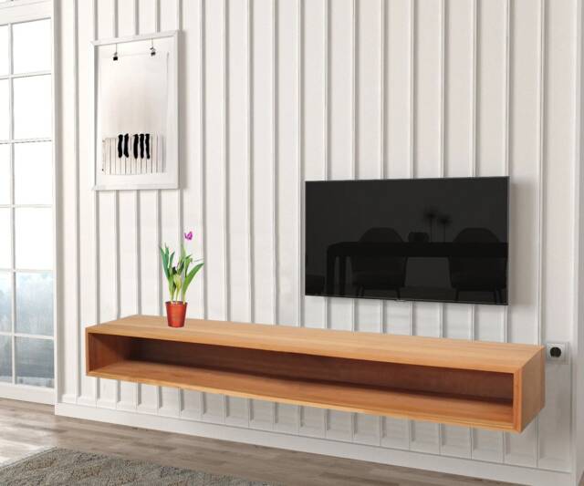 Minimalist Floating Tv Stand Solid Beech Wood Media Console - image 1