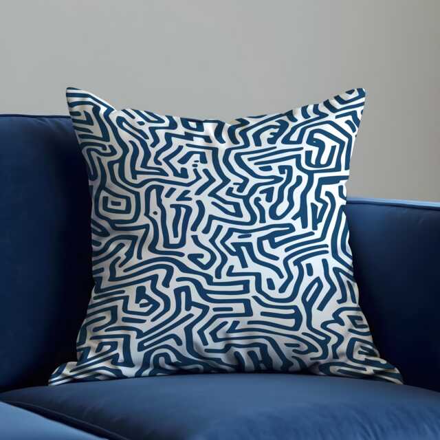 Modern Line Art Maze Pattern Cushion Cover, Abstract Blue & White Geometric Pillow Living Room Decor - image 1