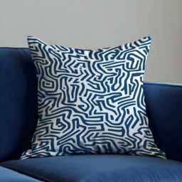 Modern Line Art Maze Pattern Cushion Cover, Abstract Blue & White Geometric Pillow Living Room Decor - thumbnail 1