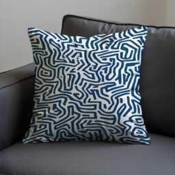Modern Line Art Maze Pattern Cushion Cover, Abstract Blue & White Geometric Pillow Living Room Decor - thumbnail 3