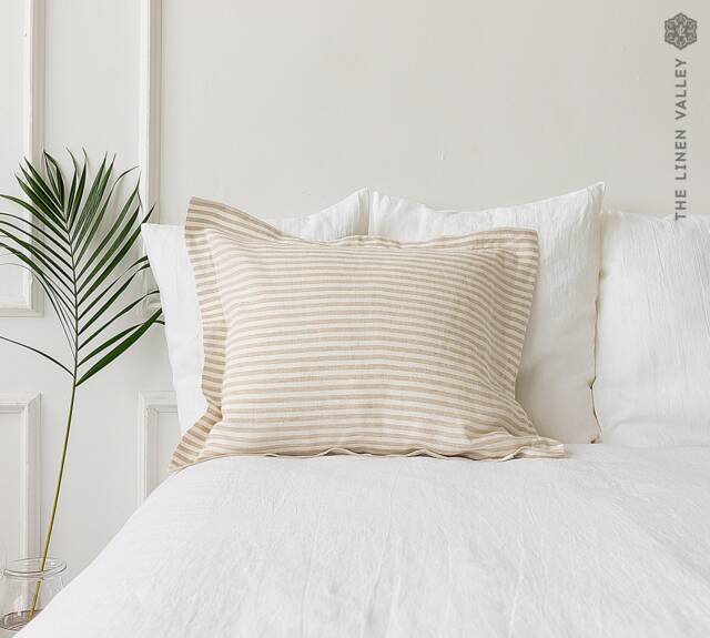 Striped Linen Oxford Pillow Case - Pinstriped Softened Pillow- Off White Standard, Queen, King Sizes - image 1