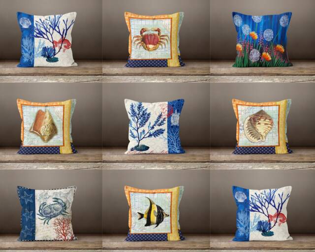Nautical Pillow Cover-Coral Pillow Case-Crab Cushion Cover-Beach House Cushion Case-Gift For Her Cushion-Handmade Material - image 1