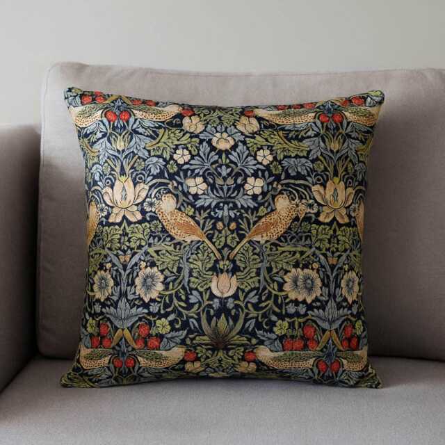 William Morris Strawberry Thief Cushion Indigo Floral Zippered Pillow Cover 100% Cotton, Various Sizes - image 1