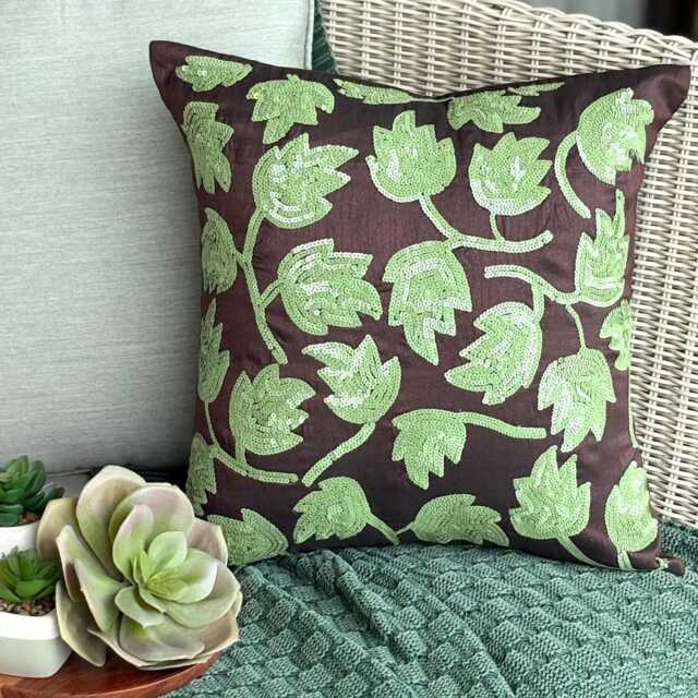 Dark Brown Art Silk Sequin Embellished Decorative Throw Pillow Cover, 16x16 Tropical Style Tulip Nature Or Floral Cushion Cover - image 1