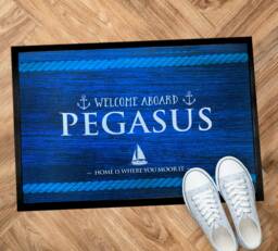 Personalised Boat Door Mat - Welcome Aboard Nautical Blue Sailing Boat Narrowboat Custom Floor - thumbnail 1