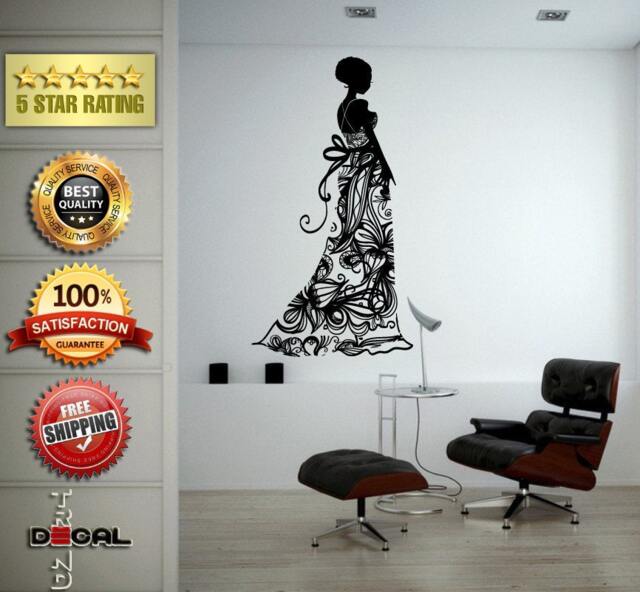 Flower Pattern Dress Girl Model Bride Beautiful Fashion Woman Pretty Design Wall Window Sticker Decal Vinyl Silhouette Decor L1865 - image 1