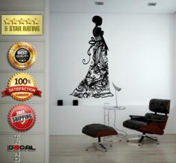 Flower Pattern Dress Girl Model Bride Beautiful Fashion Woman Pretty Design Wall Window Sticker Decal Vinyl Silhouette Decor L1865 - thumbnail 1