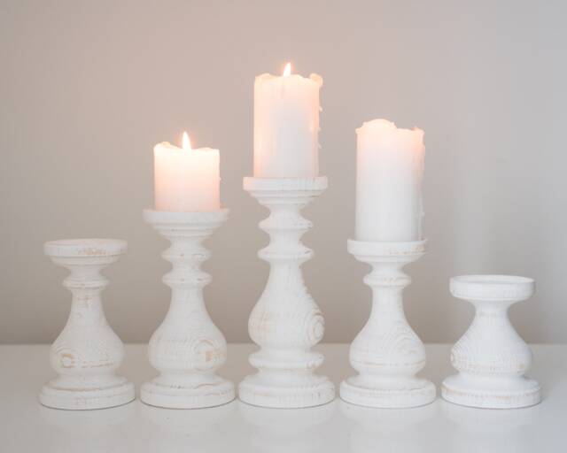 Farmhouse Decor White Wooden Candle Pillars Set Of Five Rustic Candlesticks Candle Holders Wedding Handmade Wood Design Home - image 1