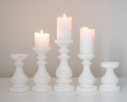 Farmhouse Decor White Wooden Candle Pillars Set Of Five Rustic Candlesticks Candle Holders Wedding Handmade Wood Design Home - thumbnail 1