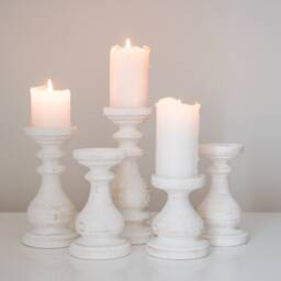 Farmhouse Decor White Wooden Candle Pillars Set Of Five Rustic Candlesticks Candle Holders Wedding Handmade Wood Design Home - thumbnail 2