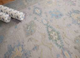 Hand-Knotted Smokey Taupe Oushak Wool Rug, Muted Blue Green Beige, 8x10 9x12 Arn_018 - thumbnail 1