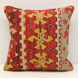 Boho Kilim Pillow Cover, 16x16 Inch, Turkish Wool, Natural Dye - thumbnail 2