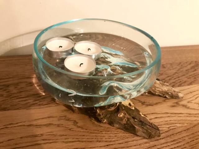 Molten Glass On Teak Root Ornament Open Bowl Statue Gift Vase Trinket - image 1