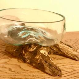 Molten Glass On Teak Root Ornament Open Bowl Statue Gift Vase Trinket - thumbnail 2