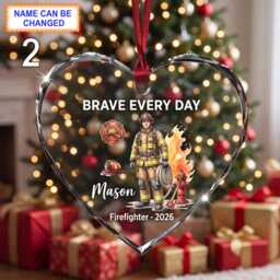 Brave Every Day Christmas Glass Ornament, Custom Firefighter Keepsake With Helmet, Hose, Fire Axe, Flames & Rescue Details - thumbnail 2
