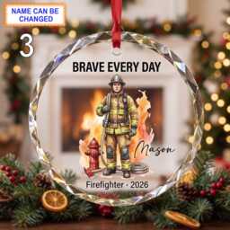 Brave Every Day Christmas Glass Ornament, Custom Firefighter Keepsake With Helmet, Hose, Fire Axe, Flames & Rescue Details - thumbnail 3