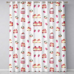 Cute Strawberry Cherry Cake Dessert Light Grey Background Seamless Pattern Readymade Eyelet Ring Top Thermal 100% Blackout Curtains - thumbnail 2