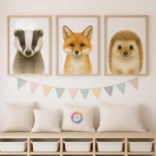 Woodland Nursery Print Set - 30 Design Choices, Badger Fox Hedgehog, Baby Bedroom Decor, Boys Girls, Forest Animal Prints, Kids Wall Art - image 1