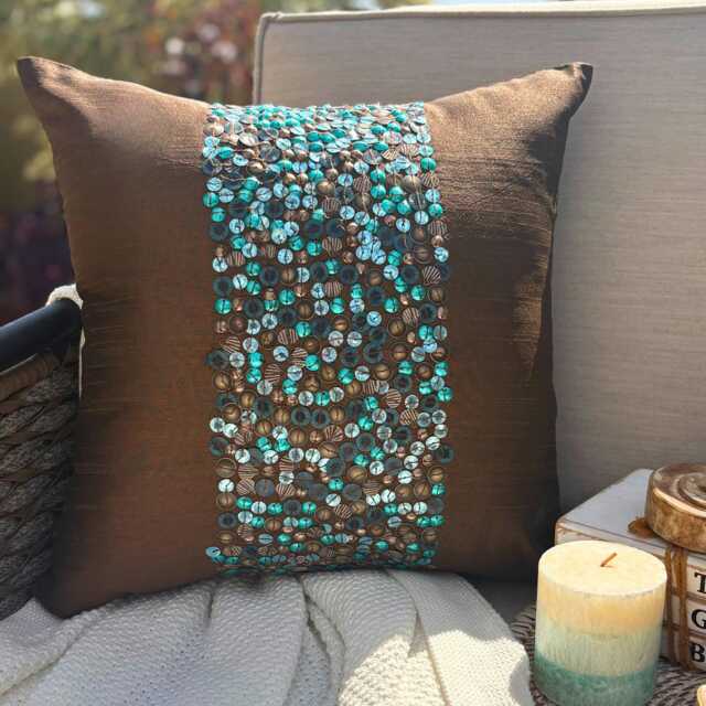 Chocolate Brown Art Silk Sequin Embroidered Circle - Dots Throw Pillow Cover, 16x16 Modern Style Cushion Cover Cocoa & Turq - image 1