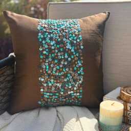 Chocolate Brown Art Silk Sequin Embroidered Circle - Dots Throw Pillow Cover, 16x16 Modern Style Cushion Cover Cocoa & Turq - thumbnail 1