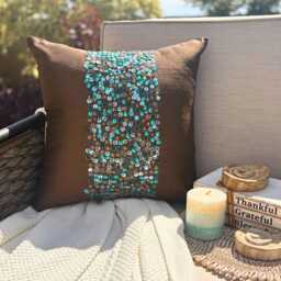 Chocolate Brown Art Silk Sequin Embroidered Circle - Dots Throw Pillow Cover, 16x16 Modern Style Cushion Cover Cocoa & Turq - thumbnail 2