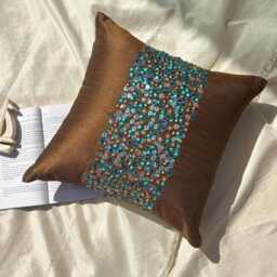 Chocolate Brown Art Silk Sequin Embroidered Circle - Dots Throw Pillow Cover, 16x16 Modern Style Cushion Cover Cocoa & Turq - thumbnail 3