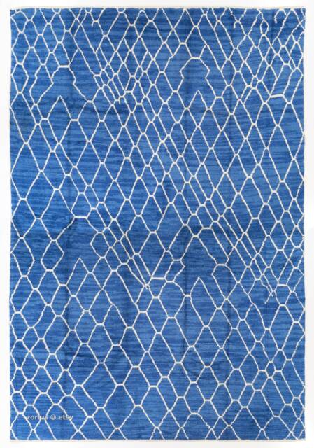 Hand Knotted Blue Beni Ourain Rug Moroccan Wool Atlas Design - image 1