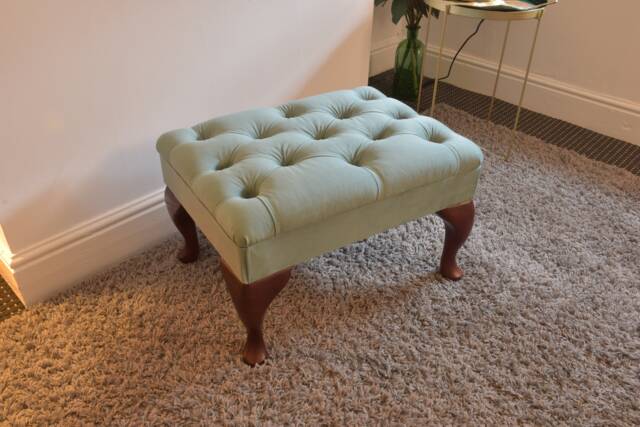 Made-To-Order Elegant Pale Green Plush Velvet Small Ottoman Footstool - Handcrafted, Tufted Design - image 1