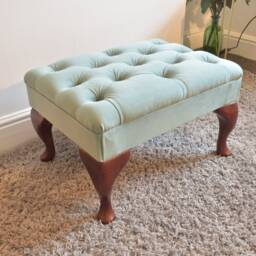Made-To-Order Elegant Pale Green Plush Velvet Small Ottoman Footstool - Handcrafted, Tufted Design - thumbnail 2