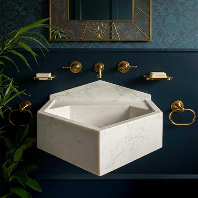 Handmade Carrara Marble Wall Mounted Sink Geometric Bathroom Vanity M1S083 - image 1