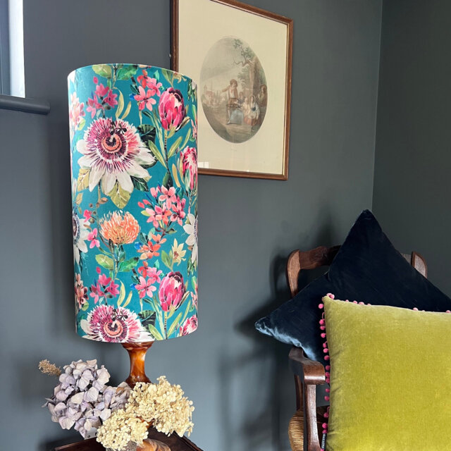 Summer Garden Velvet Cylinder Lampshade, Extra Tall Lampshade Floral Summer in Teal Velvet - image 1